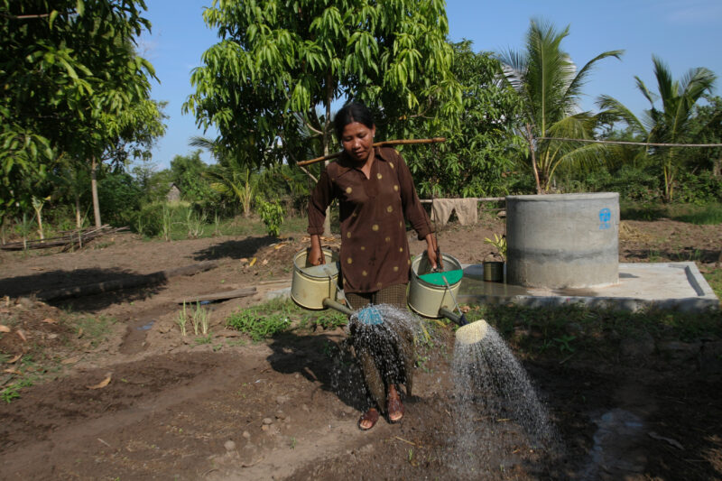 Watering Garden in Cambodia — Stock image of irrigating fields by hand with watering cans, during the dry season in Cambodia. — Cambodia, agriculture, market...
