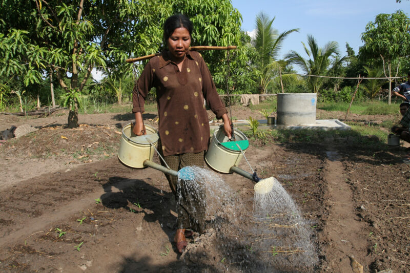 Watering Garden in Cambodia — Stock image of irrigating fields by hand with watering cans, during the dry season in Cambodia. — Cambodia, agriculture, market...