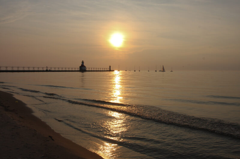 Lighthouse at Sunset — Sailboats and Lighthouse on Lake Michigan, in St, Joeseph/Benton Harbor — USA, Michigan, United States, St. Joeseph, Lake