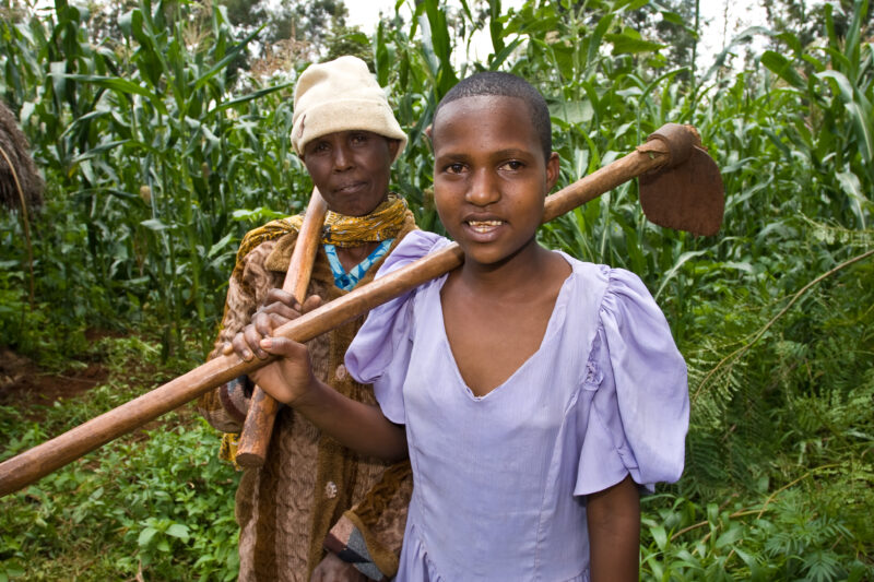 Farmers in Tanzania — Girls pose for the camera with their hoes, after working in the family garden, in Hanag district, Tanzania — ADRA, Africa, Development,...