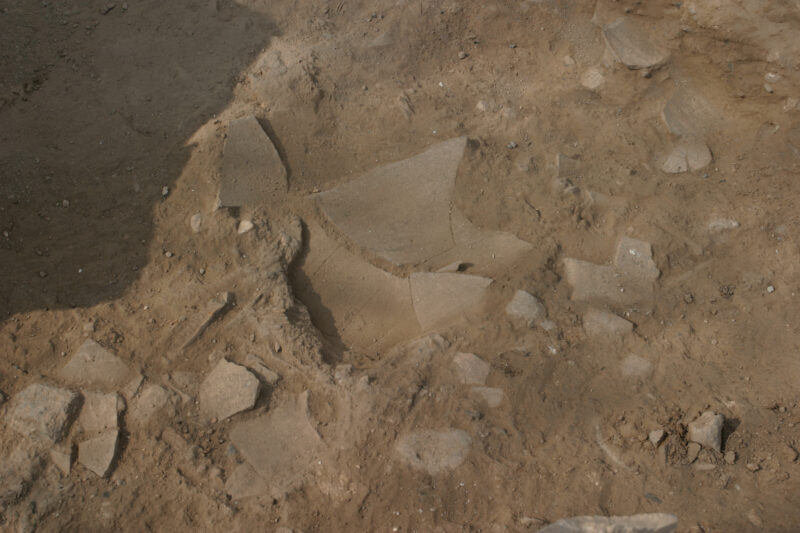 A Broken Pot Revealed — Pottery from long ago, carefully revealed by volunteer archaeologists. — Israel, Hazor, Archaeology, pottery, shards