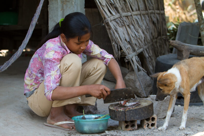 Cleaning the Fish — Stock image of young girl in Cambodia as she helps her mother prepare lunch by cleaning a fish — Cambodia, ADRA, faces, children, girls