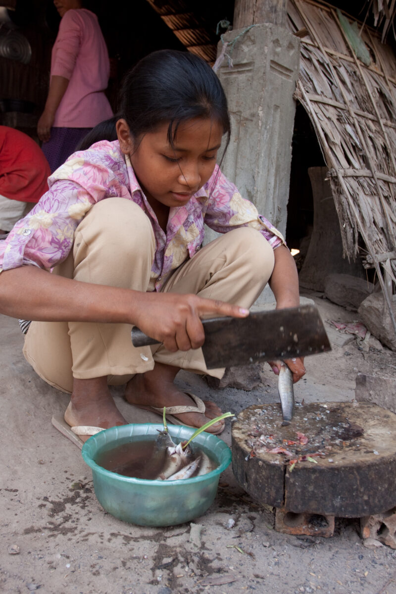 Food Preporation in Cambodia — Stock image of young girl in Cambodia as she helps her mother prepare lunch by cleaning a fish — Cambodia, ADRA, faces, childr...