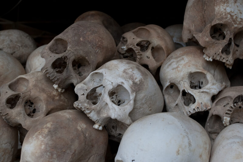 Victims of Genocide in Cambodia — Skulls of people who were murdered during the genocide in Cambodia, on display at the Killing Fields Museum near Phnom Penh...