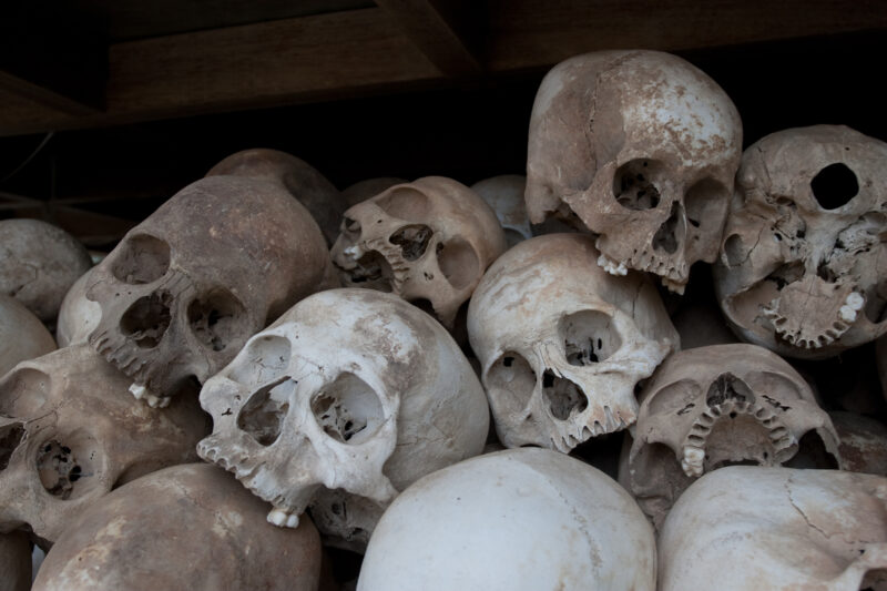 Victims of Genocide in Cambodia — Skulls of people who were murdered during the genocide in Cambodia, on display at the Killing Fields Museum near Phnom Penh...