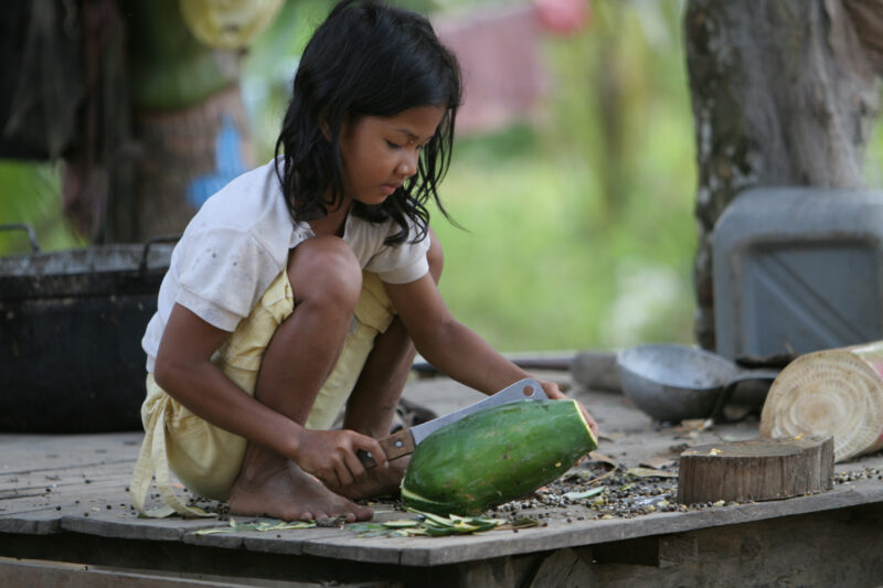 Chopping a Melon in Cambodia — Stock image of young girl in Cambodia chopping up a melon to feed to her family's pigs. — Cambodia, ADRA, faces, children, girls