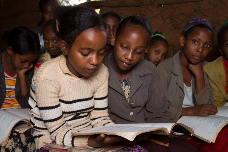 Students in Ethiopia — Students share a text book, in a simple mud wall classroom with no desks, at a school in rural Ethiopia — Africa, Ethiopia, school, cl...