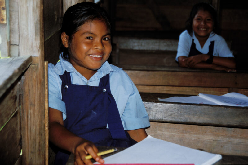 Amerindian Student in Guyana — Amerindian girl smiles at her desk at a school in a remote village in Guyana — Guyana, school, schools, education, children
