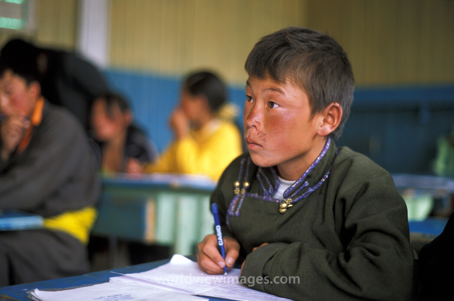 Boy in School in Mongolia