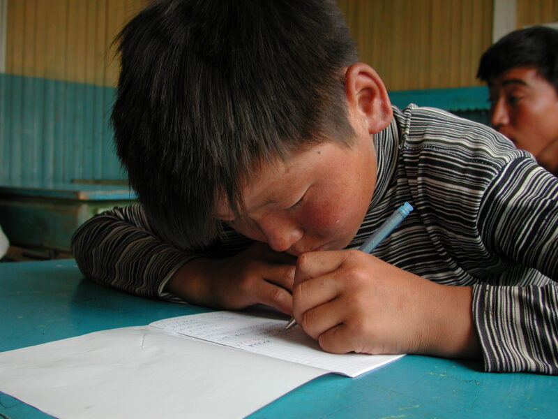 Boy in School in Mongolia — Children of nomadic herders in Mongolia make up for education that they have missed, in a special summer school program conducted...