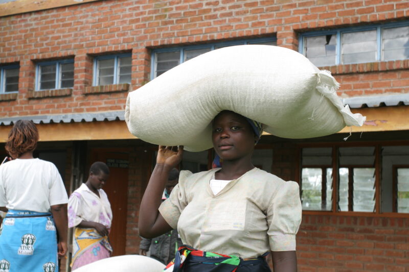 Emergency Food Distribution in Malawi — Woman carry a sac of maize to their home from the Food Distribution center. — Emergency, Disaster, food security, dis...