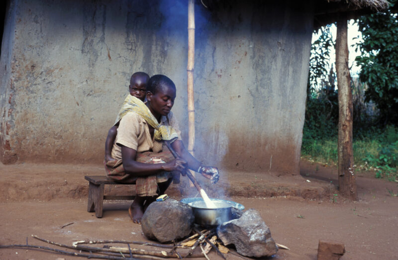 Cooking the Meal in Malawi — Woman cooks over an open fire in front of her home in Malawi, with baby on her back — Malawi, Africa, Food Security, food, proce...