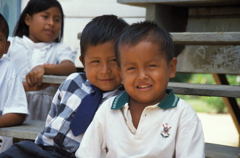 Children in Guyana — Young Amerindian students outside their school in rural Guyana — Guyana, Indigenous, Amerindian, ethnic
