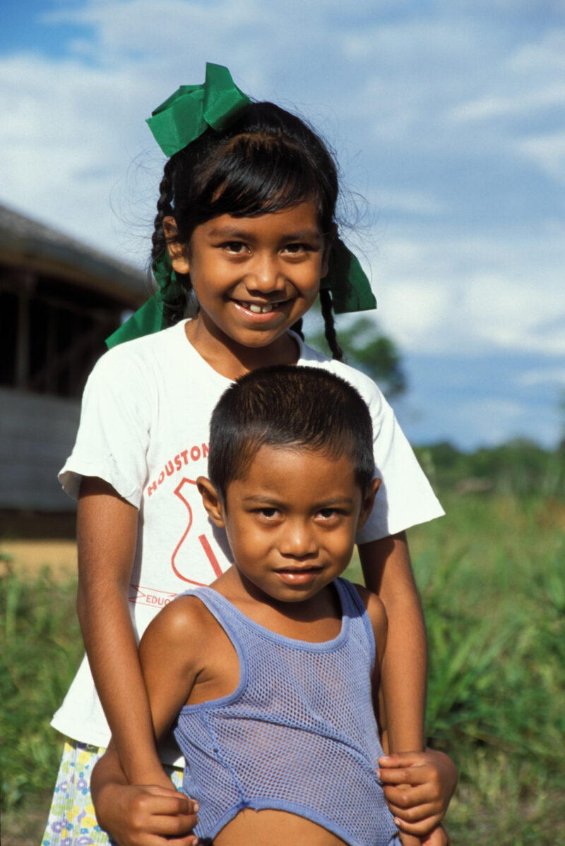 Children in Guyana — Young Amerindian students outside their school in rural Guyana — Guyana, Indigenous, Amerindian, ethnic