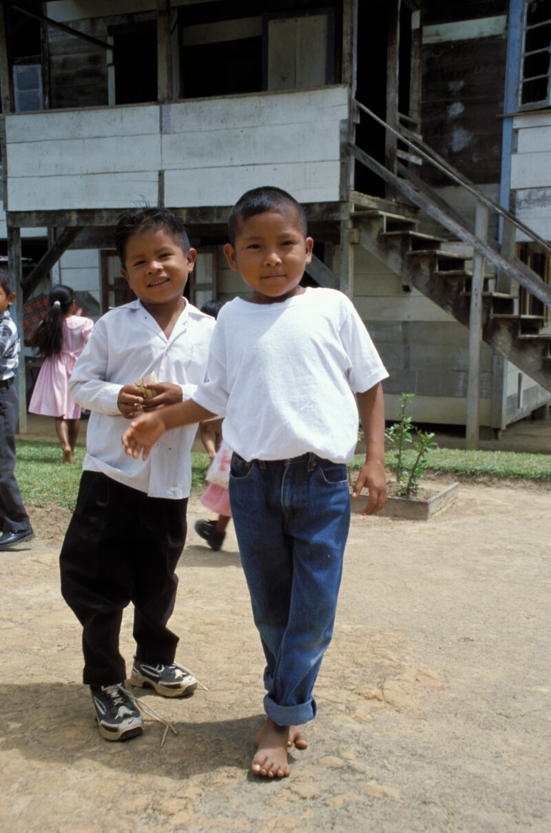 Children in Guyana — Young Amerindian students outside their school in rural Guyana — Guyana, Indigenous, Amerindian, ethnic