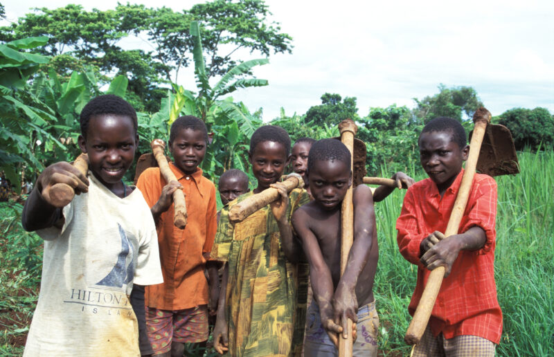 Children and their Hoes — Children pose for Camera with their African hoes — Uganda, Africa, children, agriculture, field
