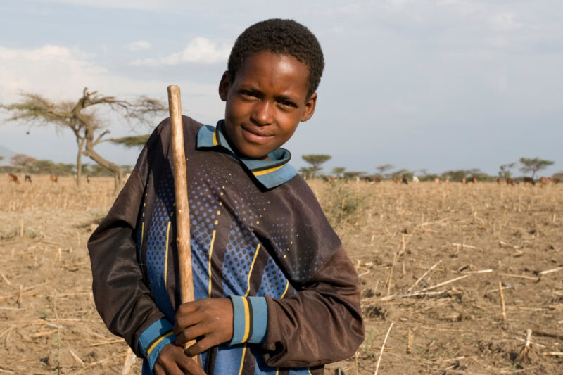 Disabled Boy in Ethiopia — Stock Image of boy with disability out in a field with a stick he uses to mind the family animals. — Ethiopia, Africa, African, Af...