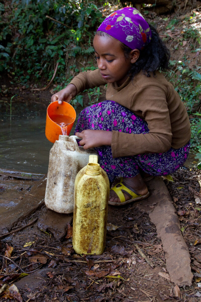 Collecting Water in Ethiopia — Girl collects water from the spring for her family in rural Ethiopia — Ethiopia, Africa, African, Africans, Ethiopian