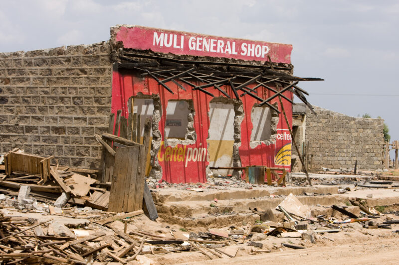 Destroyed Buildings — Buildings burned and destroyed during a time of political disturbance in Kenya — Kenya, Burned Buildings, Africa, political violence
