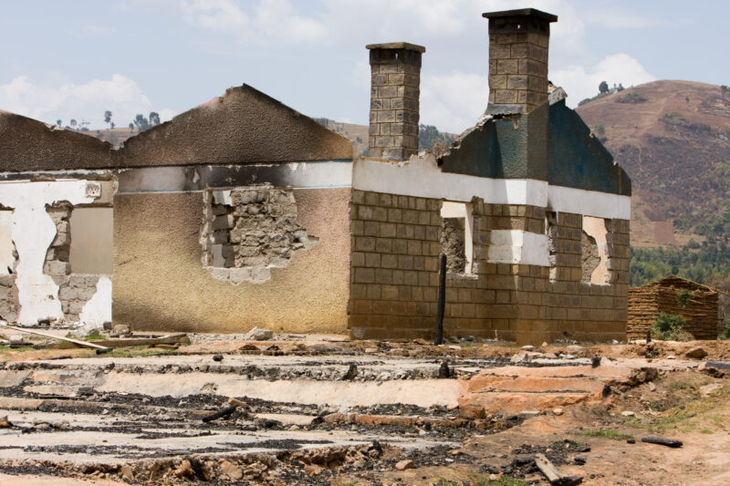 Destroyed Buildings — Buildings burned and destroyed during a time of political disturbance in Kenya — Kenya, Burned Buildings, Africa, political violence