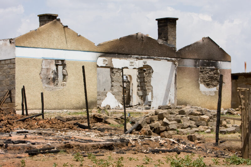 Destroyed Buildings — Buildings burned and destroyed during a time of political disturbance in Kenya — Kenya, Burned Buildings, Africa, political violence
