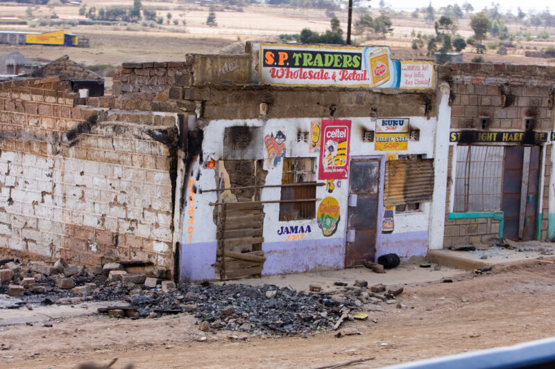 Destroyed Buildings — Buildings burned and destroyed during a time of political disturbance in Kenya — Kenya, Burned Buildings, Africa, political violence