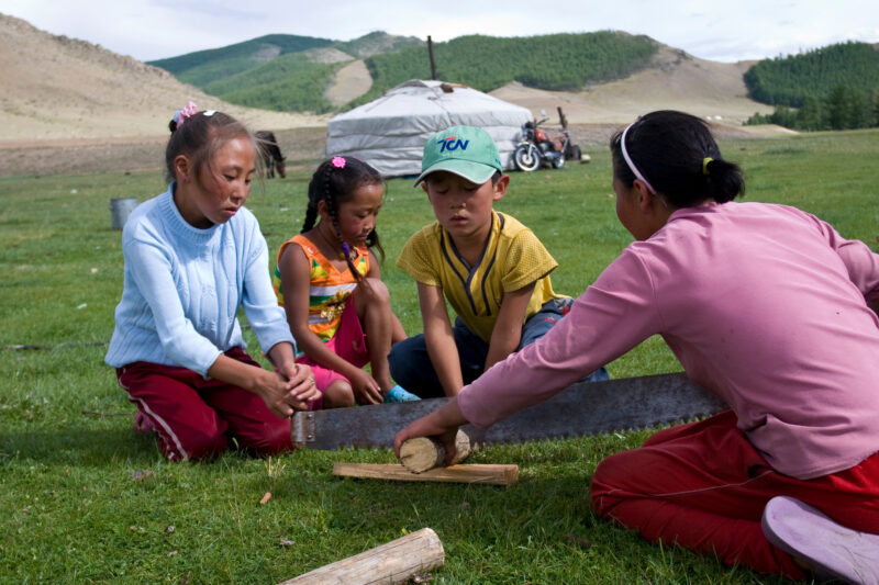 Cutting Firewood — Children work together to cut firewood in Mongolia — Mongolia, children, firewood, saw, sawing