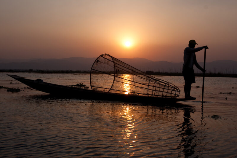 Fisherman on Inlay Lake — ADRA, Burma, Myanmar, Inlay Lake, sunset