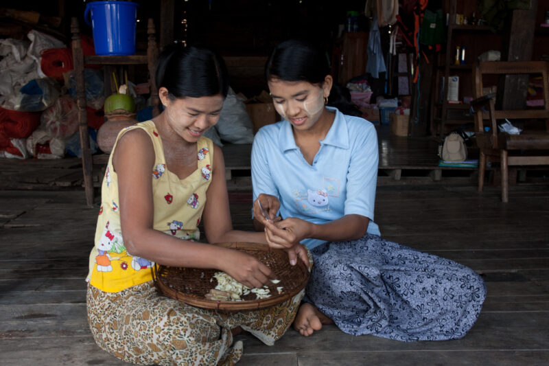 Preparing Garlic Cloves — Women work with garlic cloves in their home in Burma — Burma, Myanmar, Ayeyarwaddy delta, Irrawaddy Delta, Women