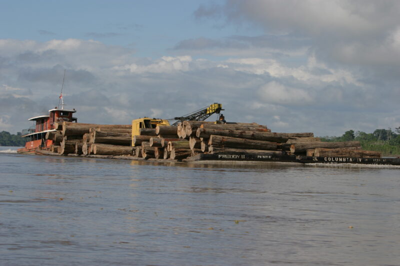 River Transport in Peru — A raft of logs make its way down the Ucayali River — Peru, ADRA, Poverty, Development, logging