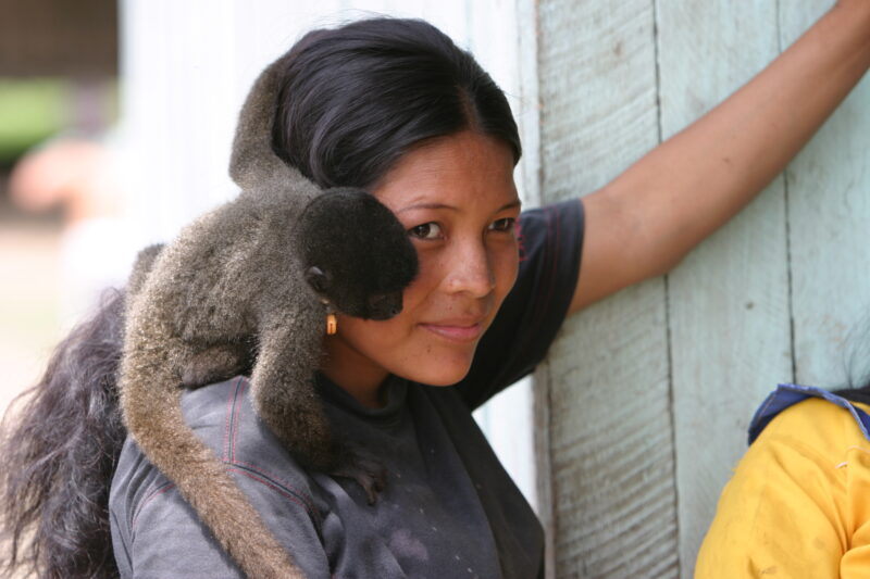 Girl with Monkey — Ethnic girl with a monkey on her back — Peru, ADRA, Poverty, Development, monkey