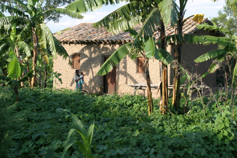 House in Rwanda — Woman and baby stand beside a typical mud-brick house in rural Rwanda — Rwanda, Africa, child, Children, faces