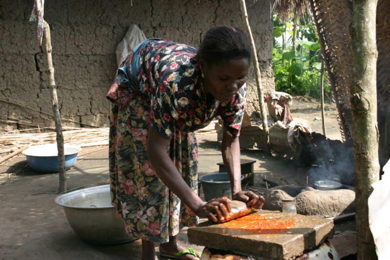 Cooking Food on open fire in Togo — Woman cooks a meal over an open fire in her outdoor kitchen in rural Togo, West Africa. — Togo, Africa, West Africa, face...