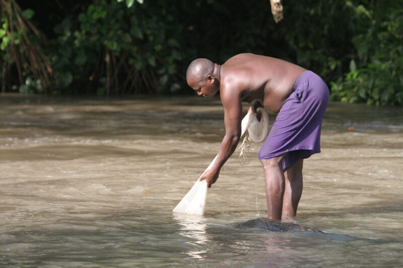 Net fishing in A River in Togo — Togo, Africa, West Africa, men, faces