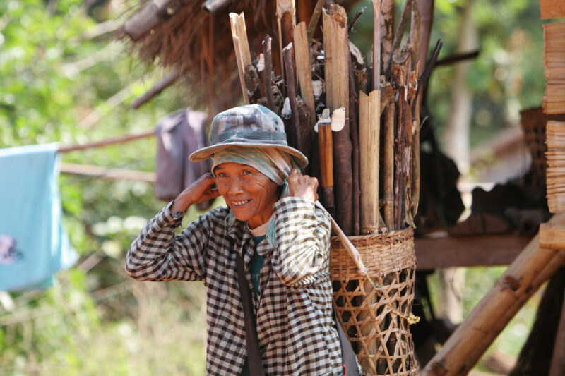 Collecting Firewood — Ethnic woman with a basket of firewood on her back, in rural Thailand — Thailand, woman, basket, firewood, ethnic