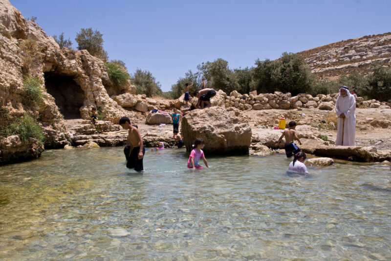 Swimming in Jordan — Children take a freshing swim in a rare pool of water that flows out of a natural spring, near Hesban — Archaeology, Jordan, pool, sprin...