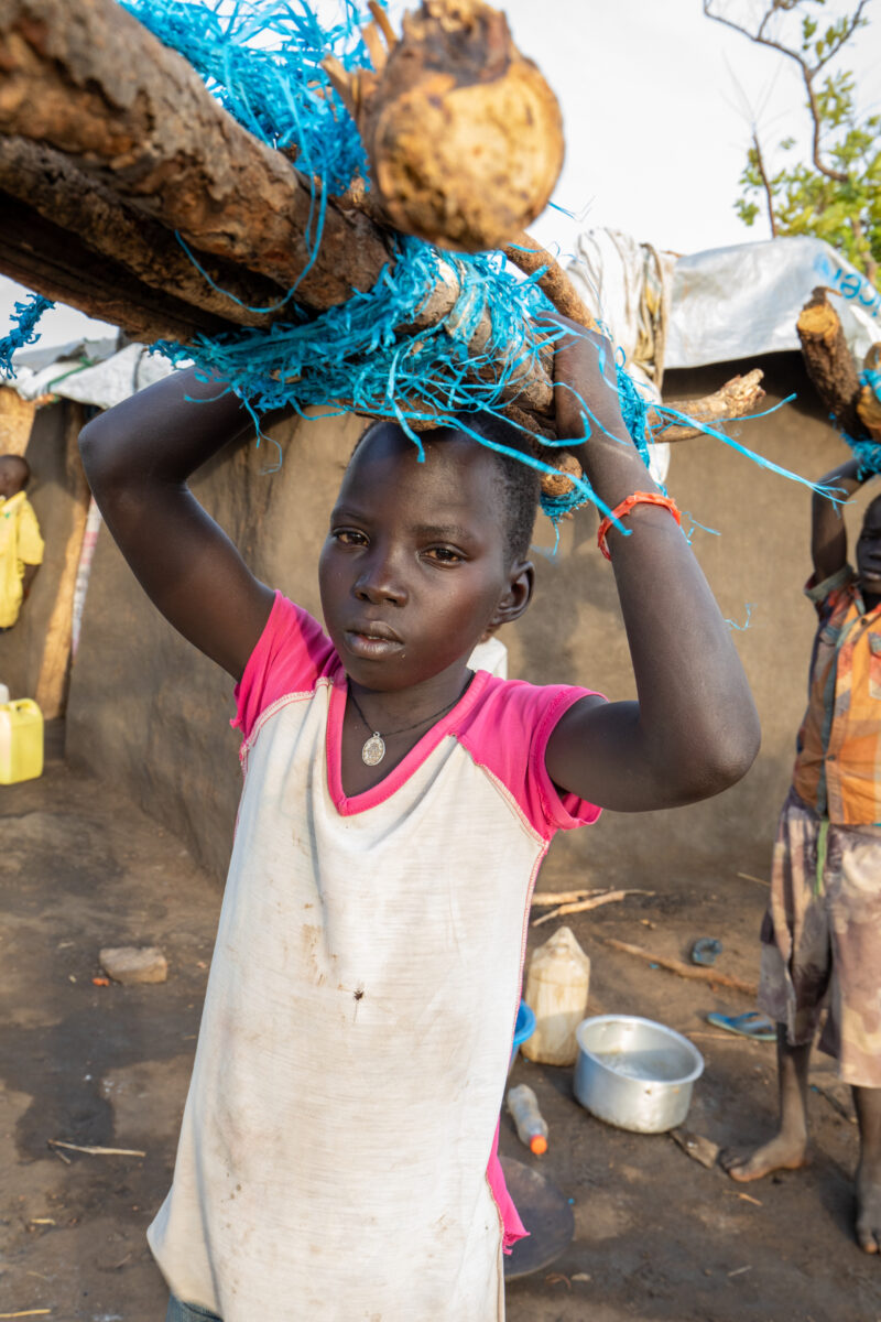 Collecting Firewood — Refugee child collects firewood for cooking. — Blond Hair, Child, Eyes Open, Frontal Face, Male