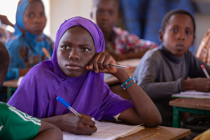 Girl in Niger Attends School — With a long tradition of early marriage, most girls in Niger drop out of school after the second grade — Adult, Africa, Child,...