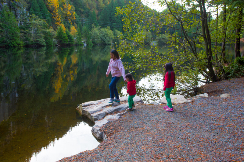 At the Lake — Mother and Children enjoy a beautiful lake in British Columbia — Adult, Autumn, Eyes Closed, Female, Frontal Face
