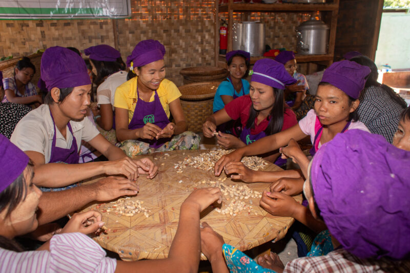 Processing Peanuts — People in rural Myanmar learn new ways to make income through food processing. — Adult, Beard, Eyes Closed, Eyes Open, Female
