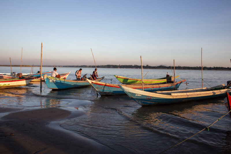 Early morning Ferry — Crossing a river in Myanmar by boat. — Architecture, Beach, Boat, Building, Canoe