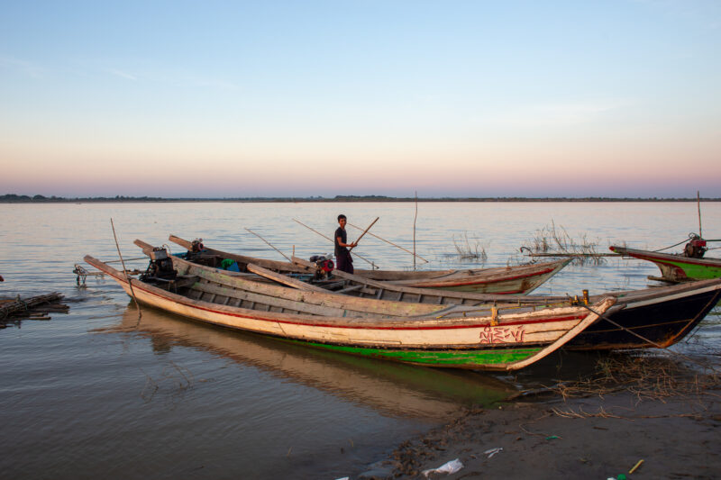 Early morning Ferry — Crossing a river in Myanmar by boat. — Architecture, Beach, Boat, Building, Canoe