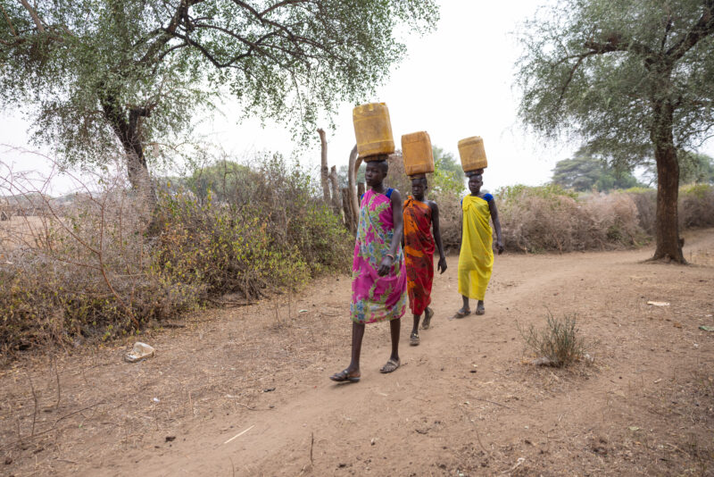 Collecting Water in Africa — Once or twice each day, young girls go to the water source near their village to collect water for their family. — Person, South...