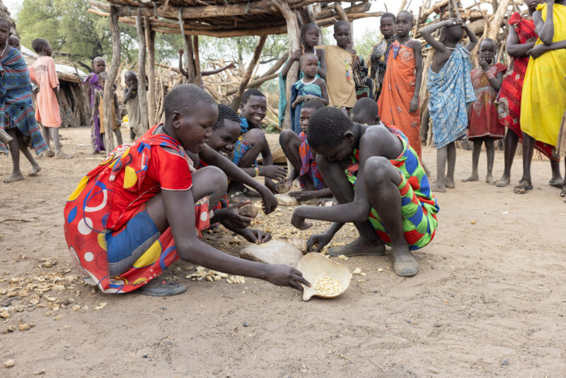 Girls in Africa — Young girls in South Sudan crack open hard shelled wild fruit that grows on bushes near their village. — Frontal Face, Group, Person, Profi...
