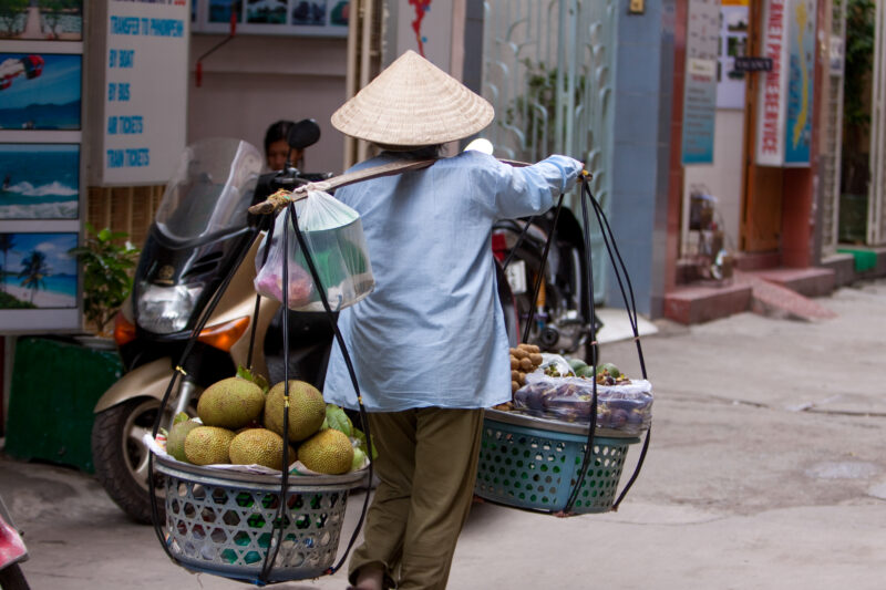 Walking Fruit Market — Woman in Vietnam sells fruit on the streets — Architecture, Building, City, Market, Person