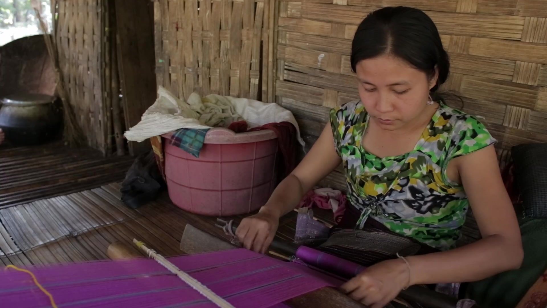 Woman in Myanmar Makes Cloth Using a Hand Loom