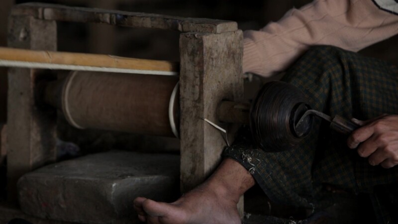 Turning A Bowl in Myanmar — Man Works at a Crafts Shop in Burma making Bowls — Burma, Myanmar, crafts, art, artisans