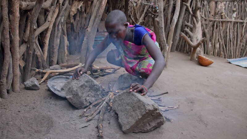 Cooking over a Three Stone Fire in Africa — Africa, South Sudan, Rural, Remote, Pastoralists
