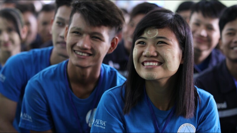 Morning Assembly — Students gather in the main hall of a trade school built and run by ADRA to help young, out of school youth develop life and income skills...