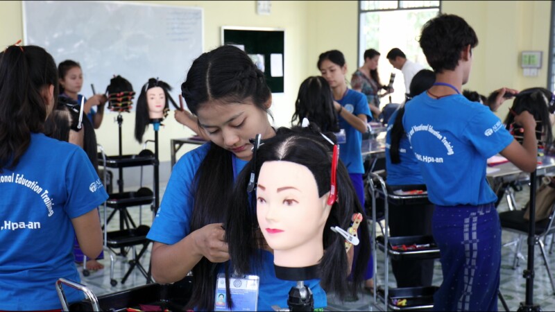 Salon Training — At a trade school in Myanmar, run by ADRA, students learn skills to make them employable in the hair slon industry. — Myanmar, Burma, Burmes...
